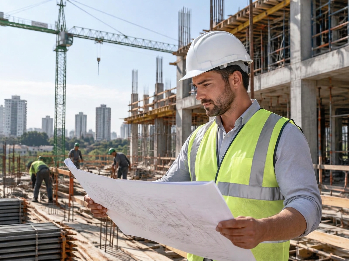 Engenheiro analisando um projeto em uma obra de construção civil